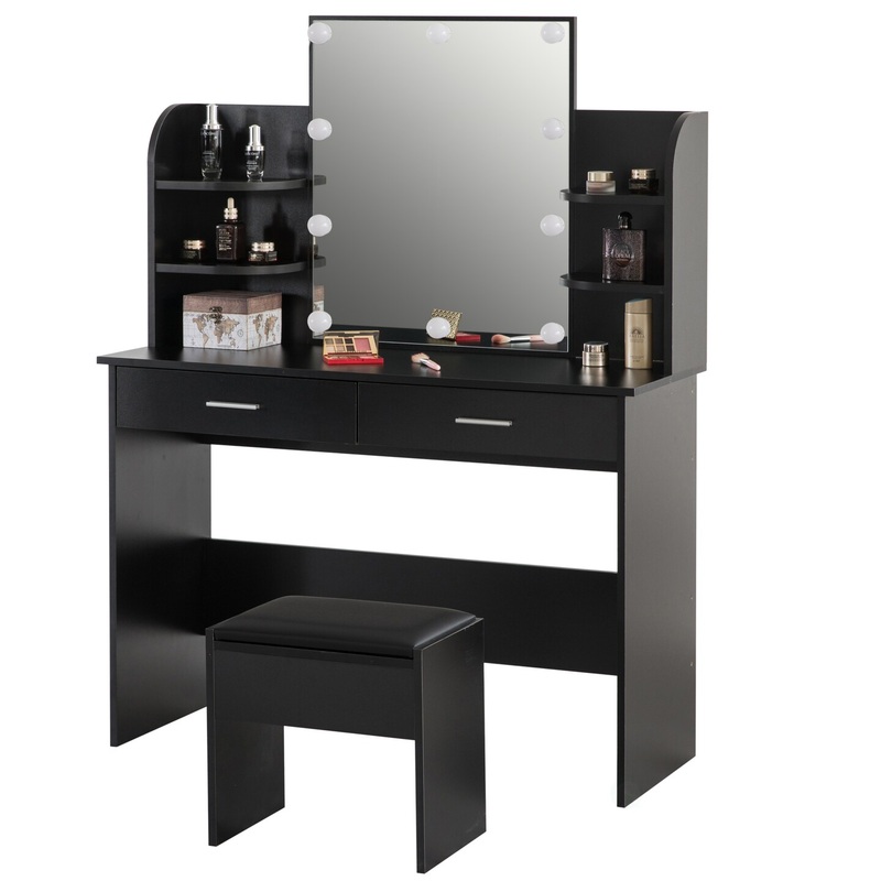 Modern Wooden Vanity Dressing Table With Two Drawers, Led Mirror and Stool