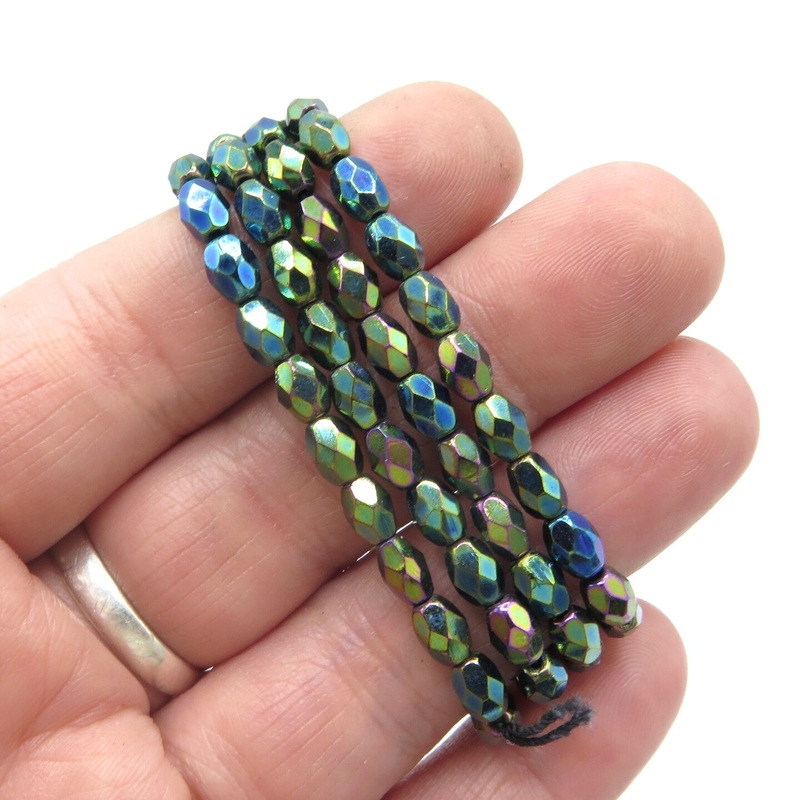 Peacock Faceted Olive Shaped Czech Glass Beads (1 strand/25 beads) (B616)