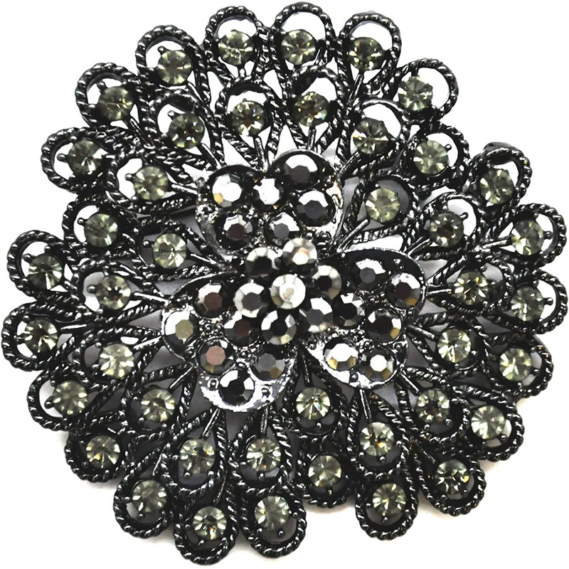 Belagio Rhinestone Brooch, 2.5″ Diameter, 1 Piece, Peacock Fan, Black/Metal Gray