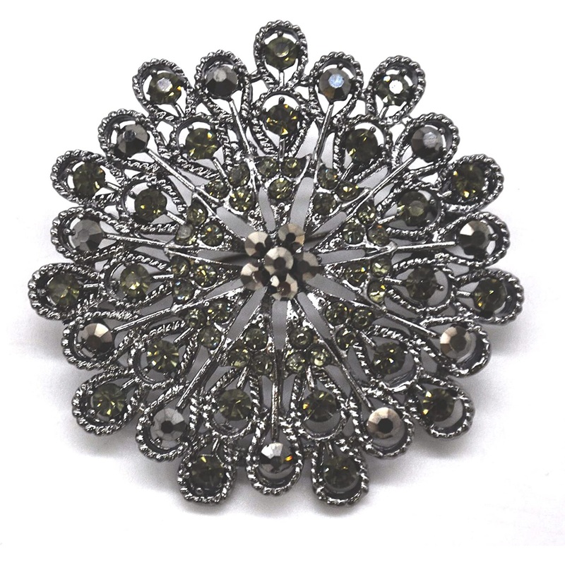 Belagio Rhinestone Brooch, 3″ Diameter, 1 Piece, Peacock Medallion, Black/Metal Gray