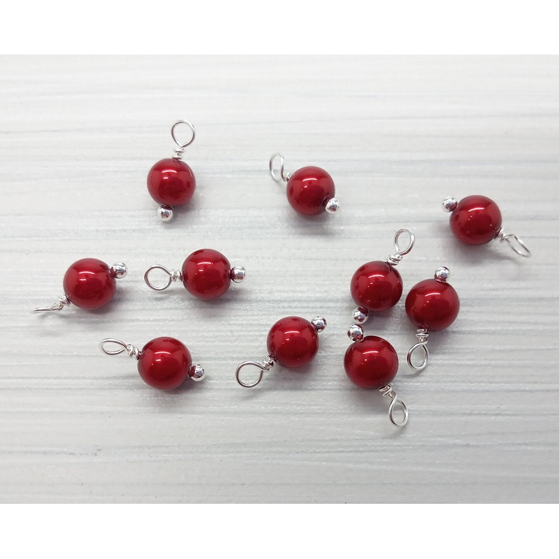 Crystal Pearl Bead Charms, Small Red 6mm Dangles, 10 Glass Bead Drops, Adorabilities