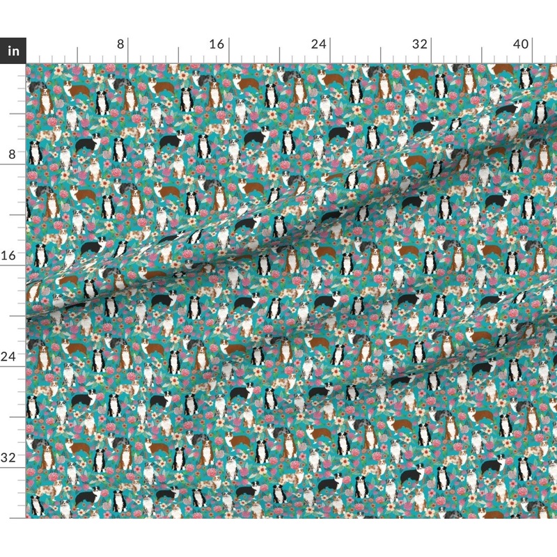 Petal Signature Cotton by the Yard or Fat Quarter Australian Shepherd Dogs Floral Cute Aussie Dog Vintage Flowers Turquoise Shepherds Breed Custom Printed Fabric by Spoonflower