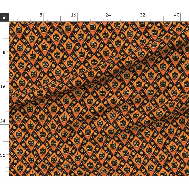 Petal Signature Cotton by the Yard or Fat Quarter Black Cat & Jacks Halloween Vintage Whimsical Illustration Pumpkin Spooky Scary Orange Custom Printed Fabric by Spoonflower