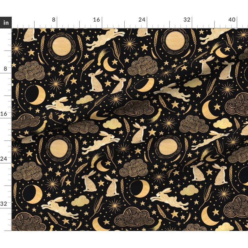 Petal Signature Cotton by the Yard or Fat Quarter Black Rabbit Stars Clouds Gold Wheat Night Sky Harvest Moon Crescent Shooting Star Hares Comet Custom Printed Fabric by Spoonflower