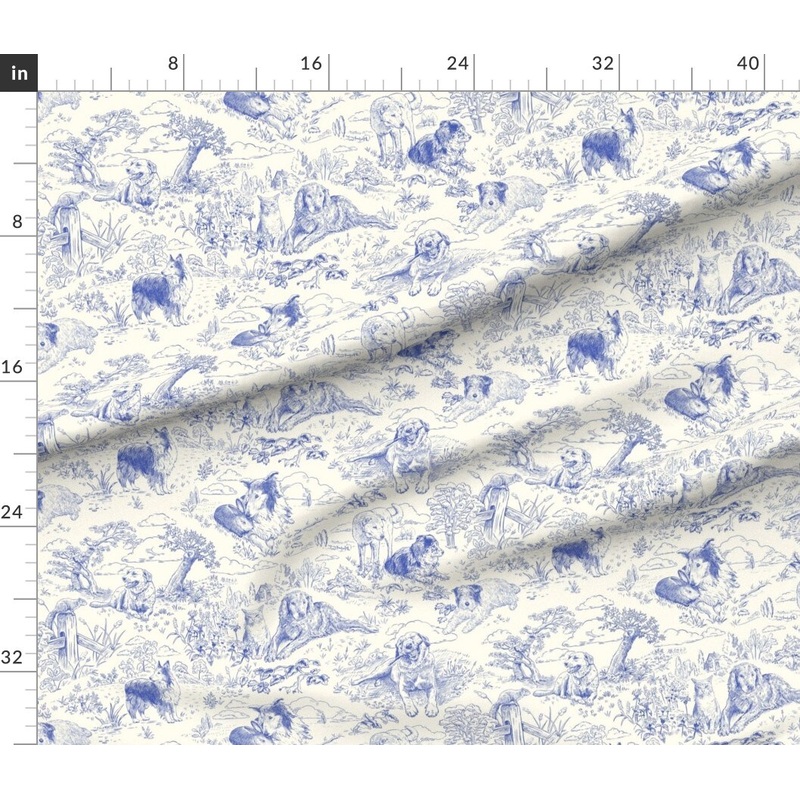 Petal Signature Cotton by the Yard or Fat Quarter Blue Toile Country Style Hand Drawn Landscape Traditional Collie Toil Ecru Sheep Dog Australian Shepherd Shetland Custom Printed Fabric by Spoonflower