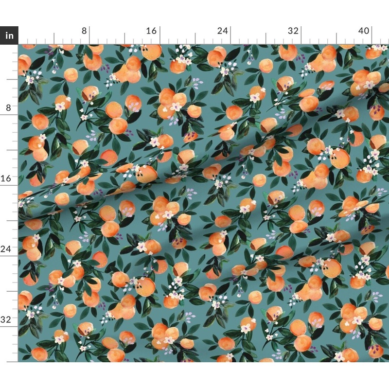 Petal Signature Cotton by the Yard or Fat Quarter Citrus Flowers Teal Orange Watercolor Mandarin Oranges Custom Printed Fabric by Spoonflower