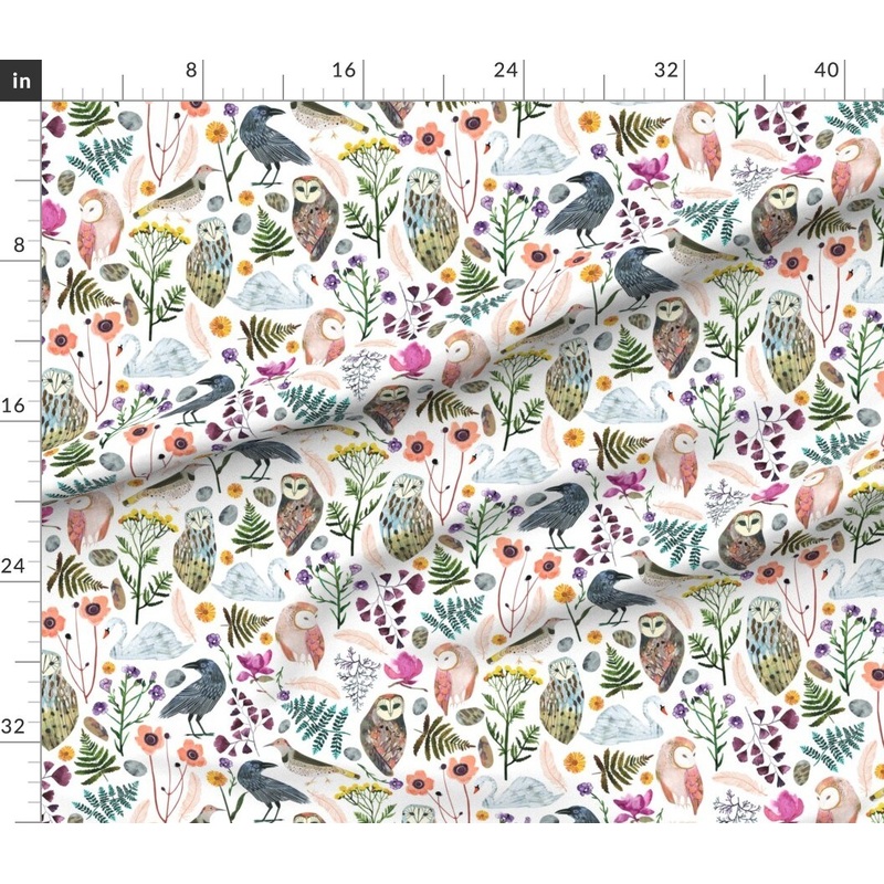 Petal Signature Cotton by the Yard or Fat Quarter Dreams Large Birds Botanical Floral Owl Fern Green Bird Woodland Custom Printed Fabric by Spoonflower