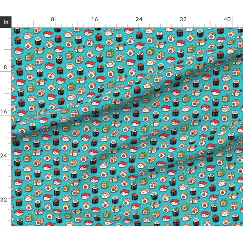 Petal Signature Cotton by the Yard or Fat Quarter Kawaii, Cute, Sushi, Food Print, Japanese, Aqua Blue, Fish, Cartoon Custom Printed Fabric by Spoonflower