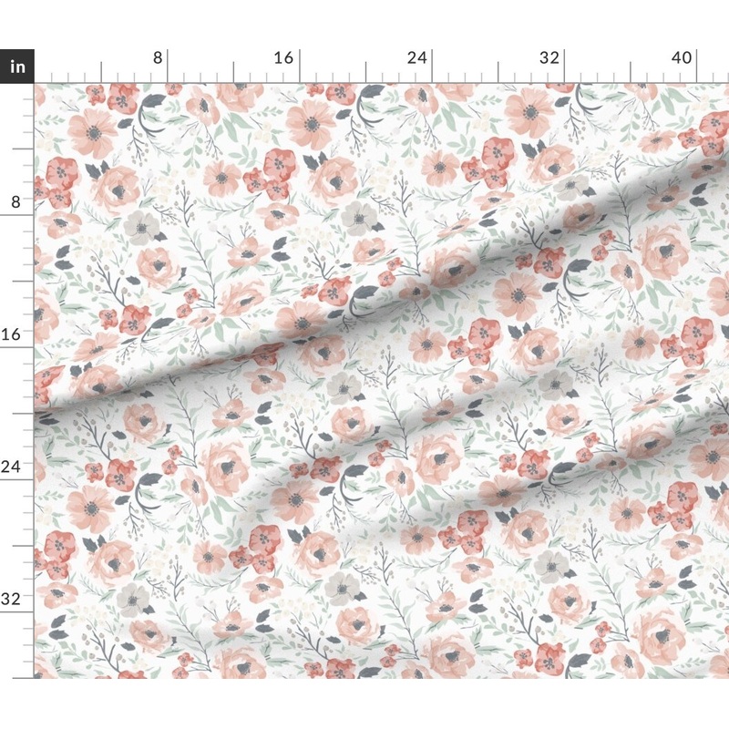 Petal Signature Cotton by the Yard or Fat Quarter Soft Meadow Floral Hibiscus Coral Girl Sage Berries Flowers Blush Pink Green Wedding Modern Nursery Watercolor Girls Custom Printed Fabric by Spoonflower
