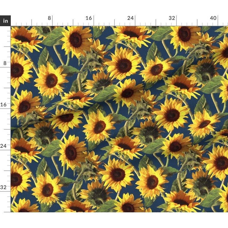 Petal Signature Cotton by the Yard or Fat Quarter Sunflower, Summer, Floral, Boho, Bohemian, Sunshine, Yellow, Dark Blue, Painting, Botanical, Impressionist Custom Printed Fabric by Spoonflower