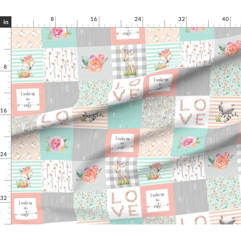 Petal Signature Cotton by the Yard or Fat Quarter Woodland Animals Girl Quilt Top Deer Fox Raccoon Patchwork Wholecloth Gray Mint Peach Flowers Girls Custom Printed Fabric by Spoonflower