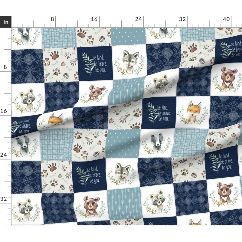 Petal Signature Cotton by the Yard or Fat Quarter Woodland Forest Bear Wolf Quilt Topper Wholecloth Cheater Quilt Patchwork Blue White Custom Printed Fabric by Spoonflower