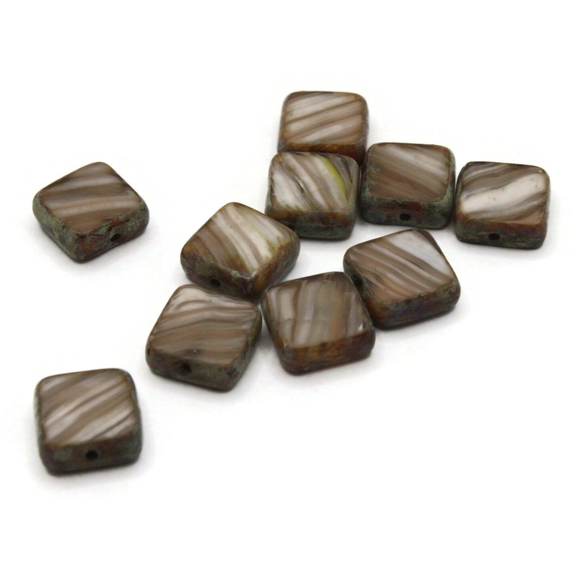 10 9mm Brown Striped Square Glass Beads