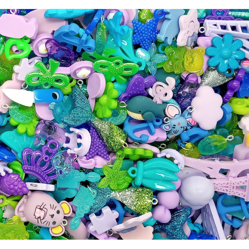 Cute Charm Mix in Blue Green & Purple, 30 pieces, Flatback Resin and Acrylic Mix, Adorabilities