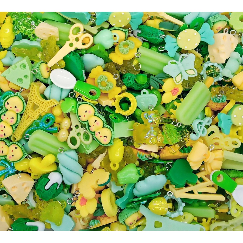 Cute Charm Mix in Green & Yellow, 30 pieces, Kawaii Resin and Acrylic Mix, Adorabilities
