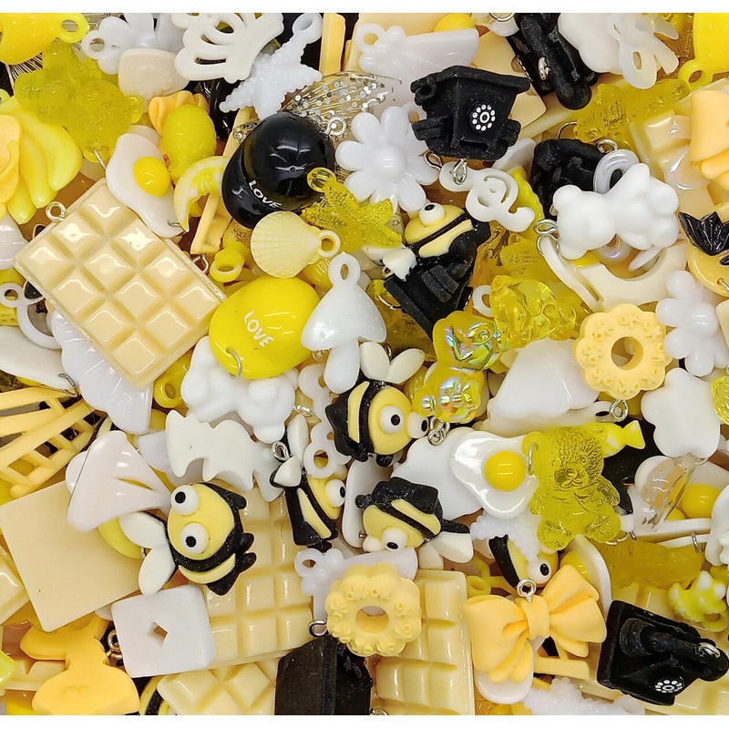Cute Charm Mix in Yellow Black & White, 30 pieces, Kawaii Resin and Acrylic Mix, Adorabilities