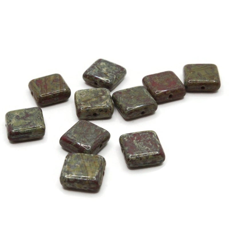 10 10mm Green, Red and Cream Square Glass Stone Look Beads
