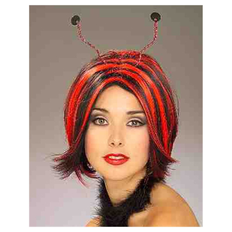 Adult Black and Red Lady Bug Costume Striped Wig With Antennae