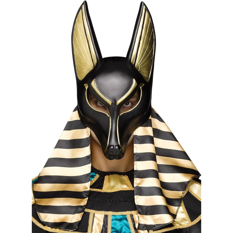 Adults Royal Black And Gold Egyptian Anubis Dog Plastic Mask Costume Accessory