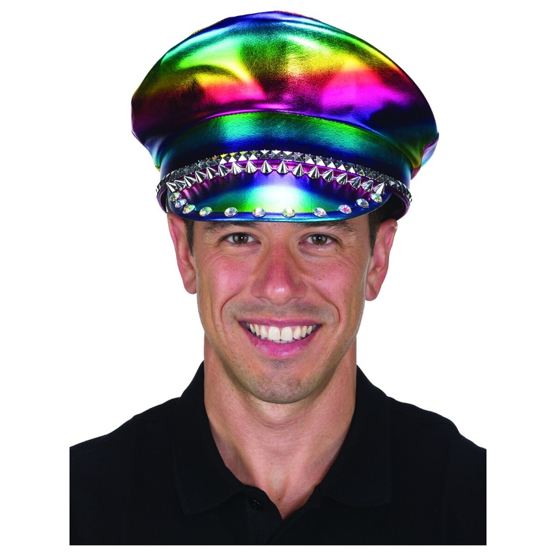 Rainbow Vinyl Military Hat With Studs And Jewels Costume Accessory