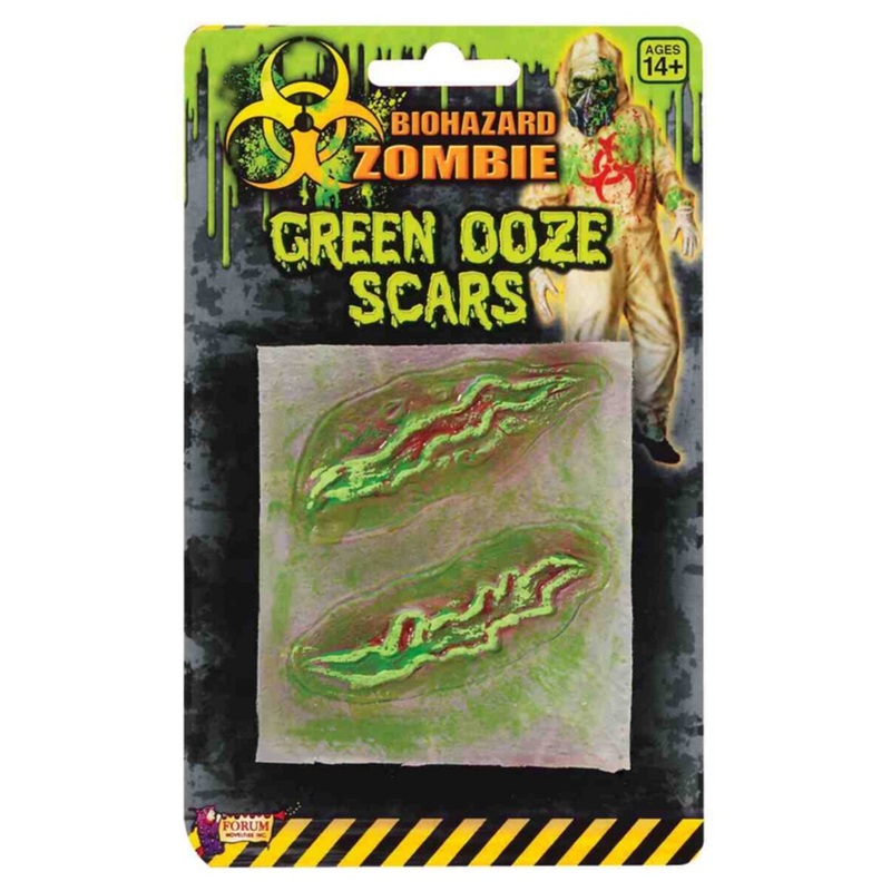 2 Green Biohazard Zombie Slash Scars Costume Latex Wound Prosthetics