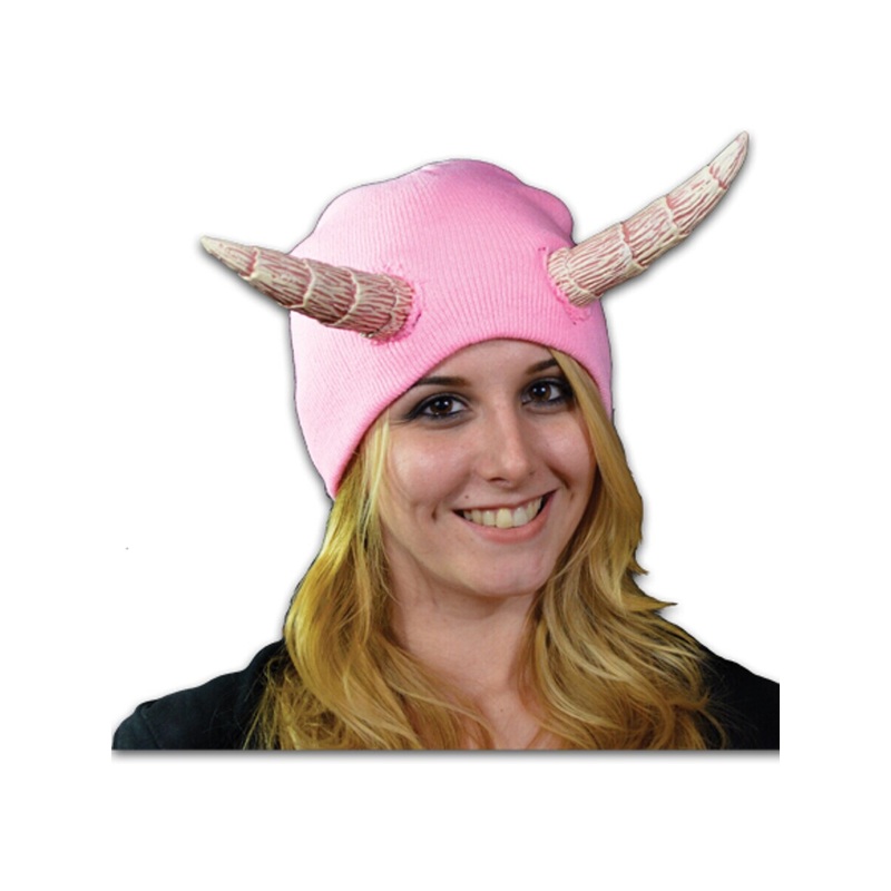 Devils Horns With Pink Beanie Hat Costume Accessory