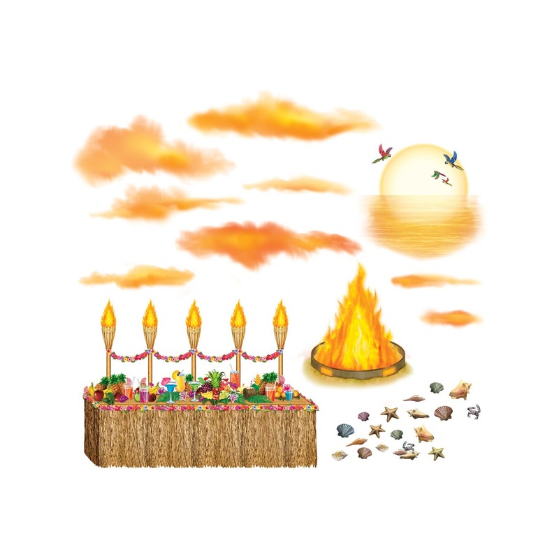 Hawaiian Luau Sunset Party Buffet And Fire Pit Wall Props Decoration