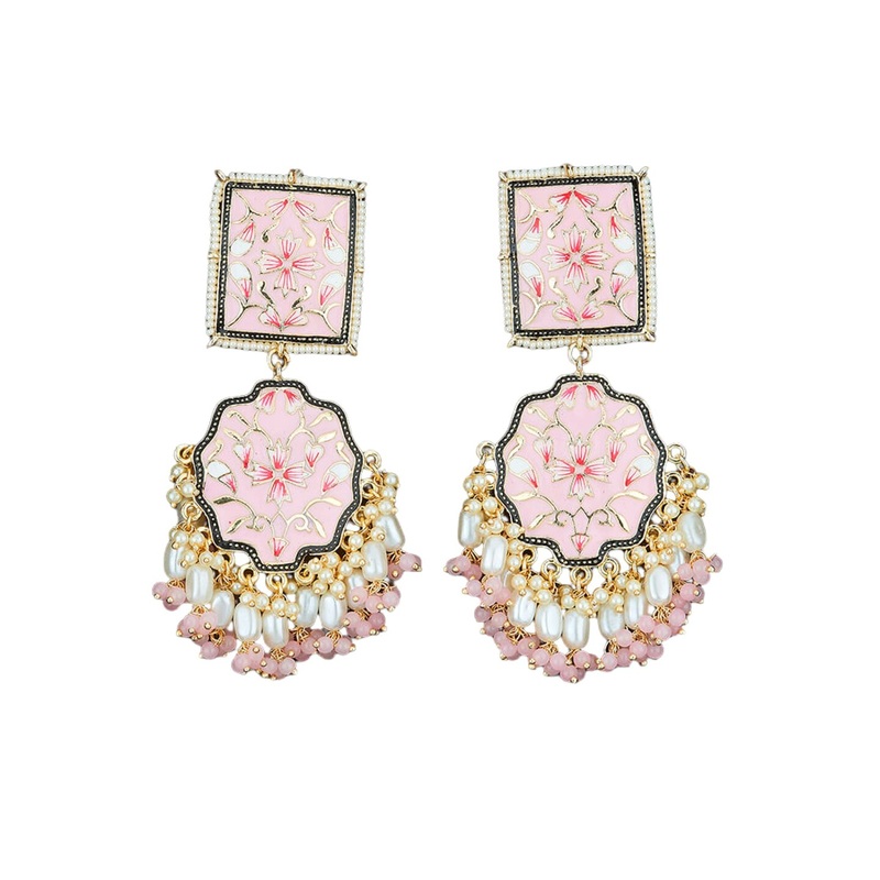 Oversized Indian Jhumka Earrings  Square Stud Jhumki, Ethnic Chandbali with Floral Print & Faux Pearls  Bollywood Dangle Jewelry for Women, Bride & Birthday Gift