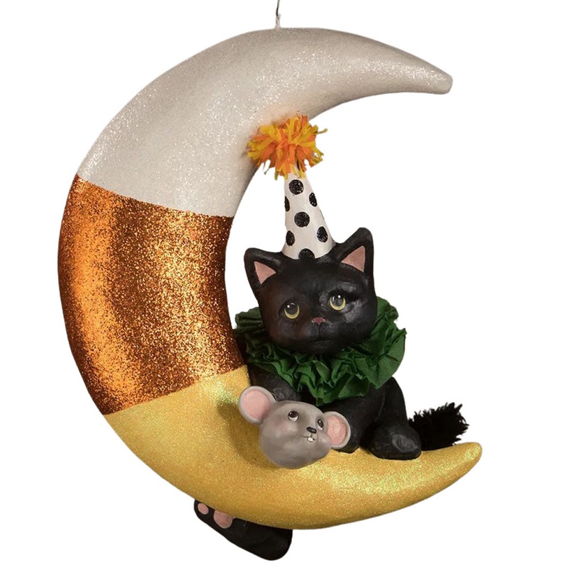 XL Kitty on Candy Corn Moon Ornament 15.75″