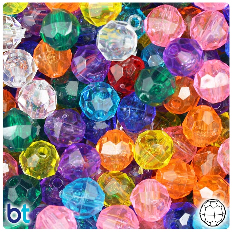BeadTin Transparent Mix 10mm Faceted Round Plastic Craft Beads (225pcs)