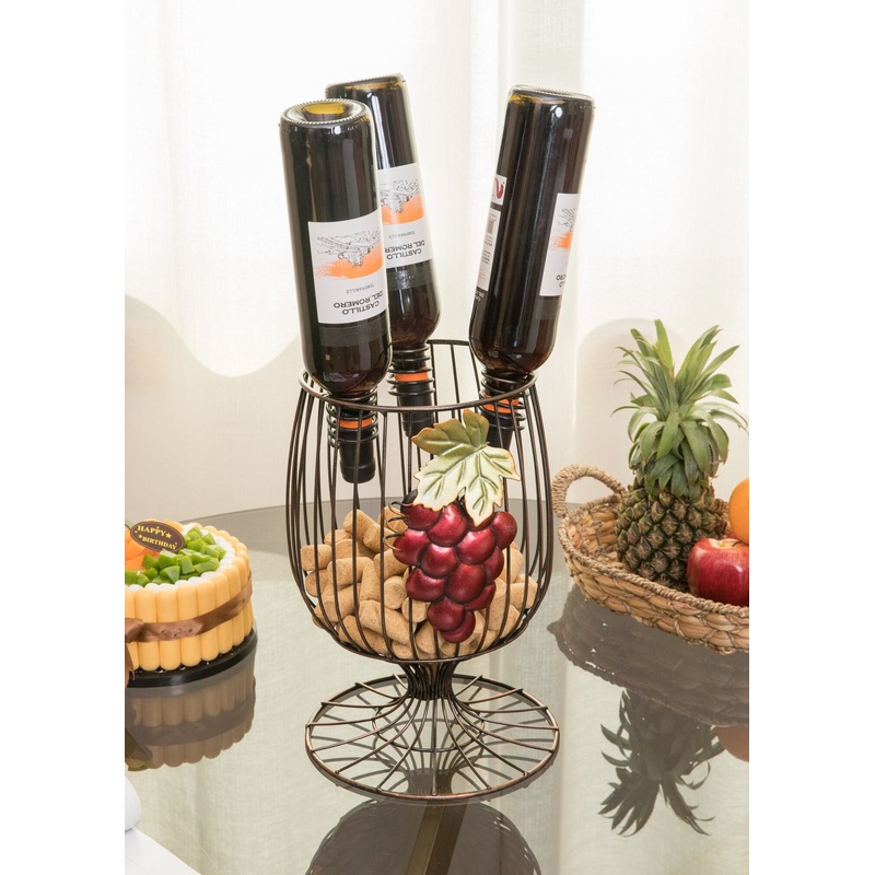 Vintage Decorative Metal Wire Goblet Shaped Freestanding Wine Bottle and Cork Holder