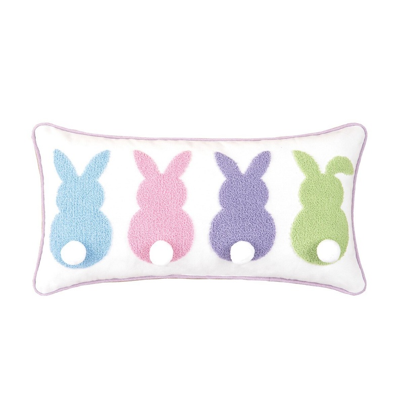 10″ x 20″ Easter Bunnies with Tufted 3D Bunny Rabbit Tail Spring Themed Small/Petite Accent Throw Pillow