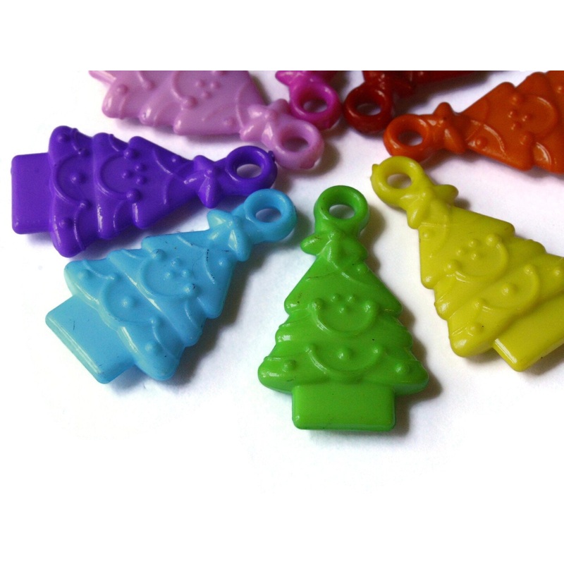 12 32mm Mixed Color Plastic Christmas Tree Beads Pine Trees Holiday Happy Little Tree Beads bI3