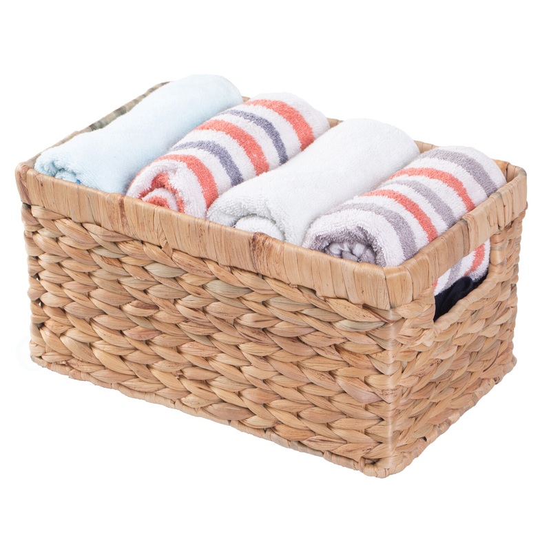 Natural Woven Water Hyacinth Wicker Rectangular Storage Bin Basket with Handles