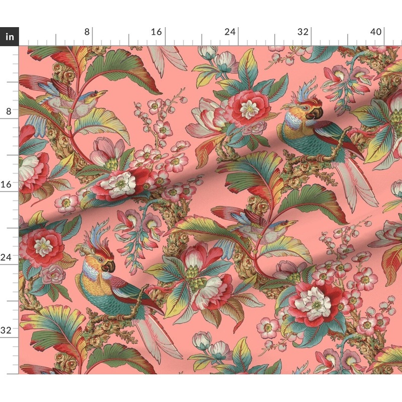 Petal Signature Cotton by the Yard or Fat Quarter Antique Tropical Parrot Botanical Palm Pink Custom Printed Fabric by Spoonflower