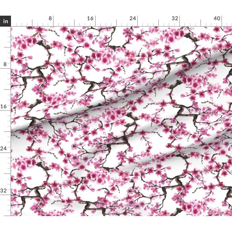 Petal Signature Cotton by the Yard or Fat Quarter Cherry Blossoms Spring Flower Pink Watercolor Japanese Inspired Tree Floral Custom Printed Fabric by Spoonflower