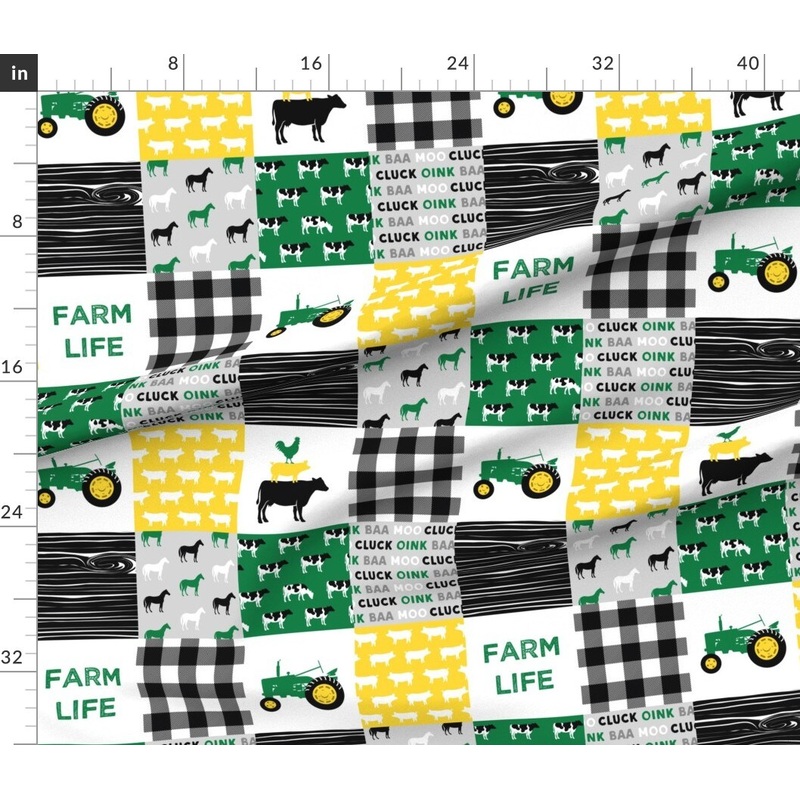 Petal Signature Cotton by the Yard or Fat Quarter Farm Life Wholecloth Green Yellow Black Woodgrain Patchwork Horse Plaid Quilt Themed Cows Horses Custom Printed Fabric by Spoonflower