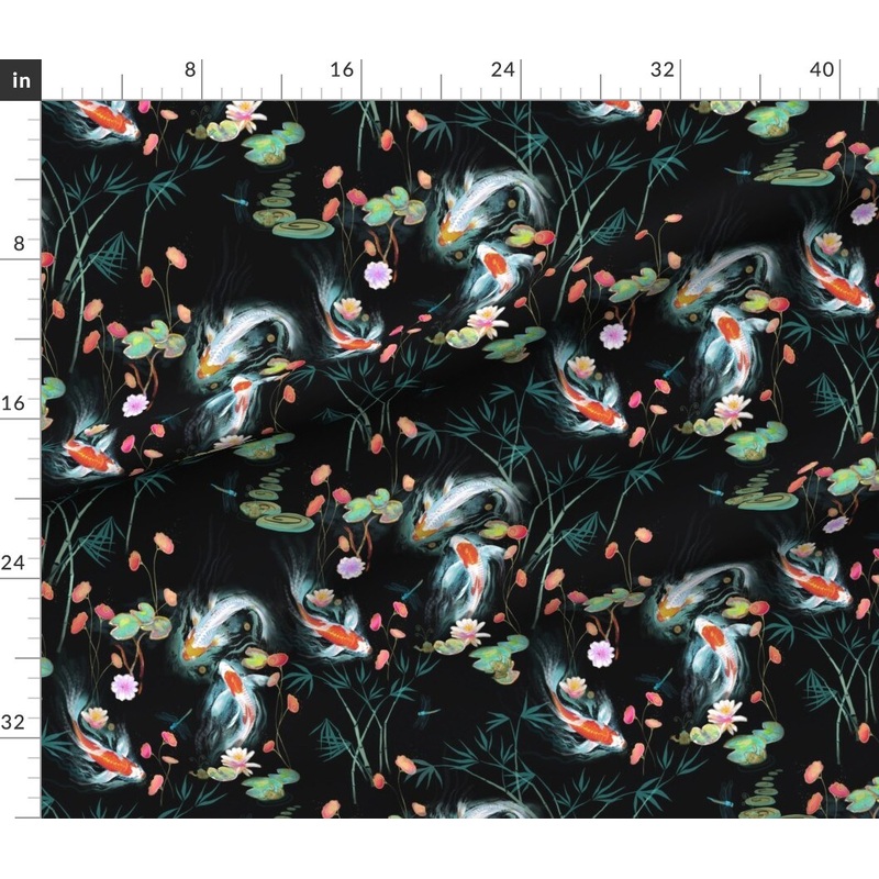 Petal Signature Cotton by the Yard or Fat Quarter Koi, Fish, Japanese, Water Garden, Black, Chinoiserie, Floral, Flowers Custom Printed Fabric by Spoonflower
