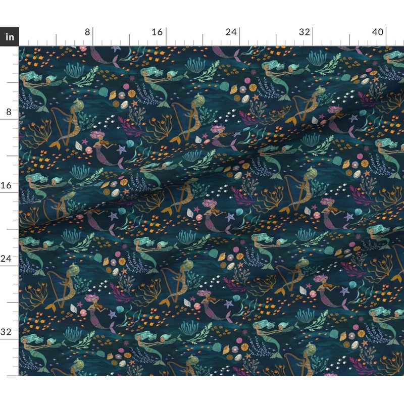 Petal Signature Cotton by the Yard or Fat Quarter Mermaid Dark Teal Girls Fantasy Magic Underwater Under The Sea Instruments Fairy Children Ocean Custom Printed Fabric by Spoonflower