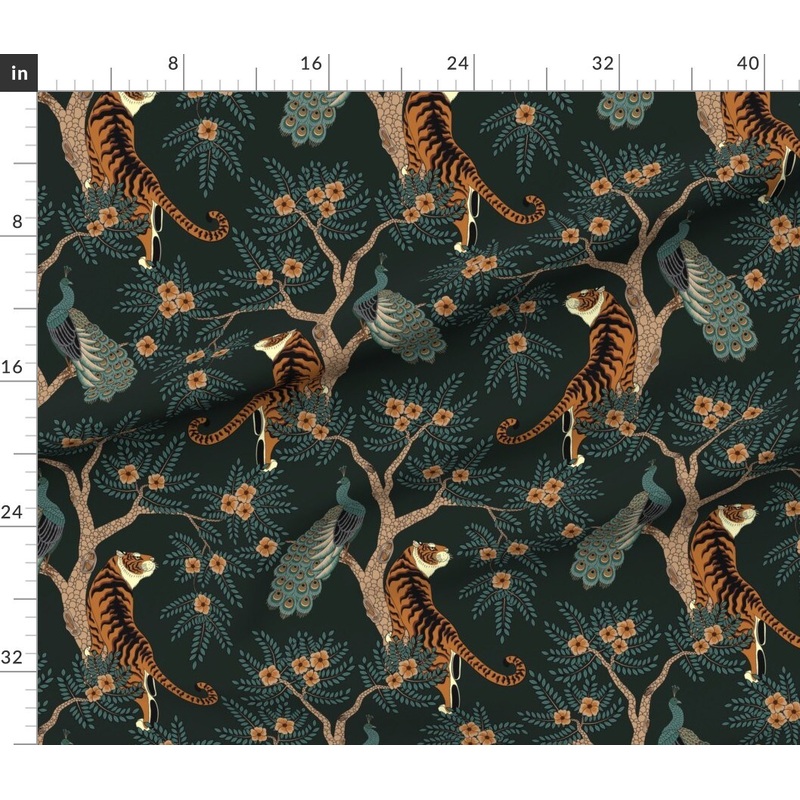 Petal Signature Cotton by the Yard or Fat Quarter Tiger Chinoiserie Bengal Peacock Asian Inspired Dark Teal Orange Romantic Floral Victorian Custom Printed Fabric by Spoonflower