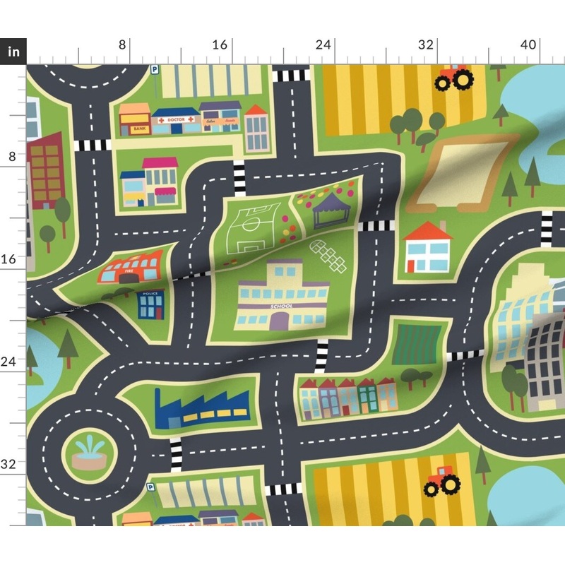 Petal Signature Cotton by the Yard or Fat Quarter Town Playmat Print Nursery Map City Farm Cars Kids Children School Custom Printed Fabric by Spoonflower