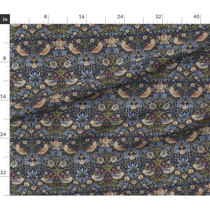 Petal Signature Cotton by the Yard or Fat Quarter Victorian Floral Morris Inspired Arts And Crafts Damask Birds Art Nouveau Blue Green Custom Printed Fabric by Spoonflower