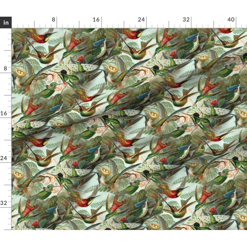 Petal Signature Cotton by the Yard or Fat Quarter Vintage Hummingbird Wild Birds Botanical Nature Victorian Green Aqua Custom Printed Fabric by Spoonflower