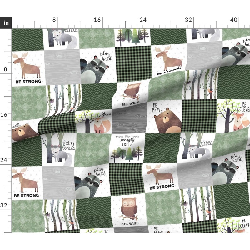 Petal Signature Cotton by the Yard or Fat Quarter Woodland Animals Forest Cheater Quilt Bear Fox Moose Wholecloth Green Brown Topper Custom Printed Fabric by Spoonflower
