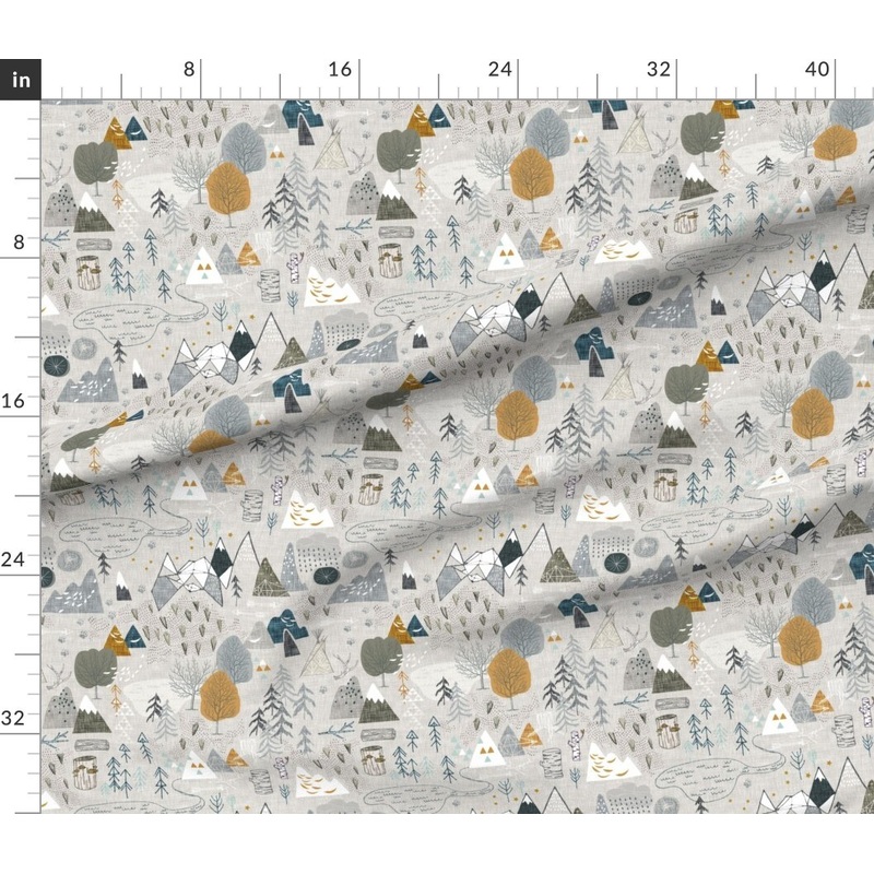 Petal Signature Cotton by the Yard or Fat Quarter Woodland Forest Woods Wilderness Adventure Explore Gray Mustard Blue Custom Printed Fabric by Spoonflower