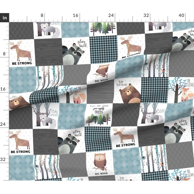 Petal Signature Cotton by the Yard or Fat Quarter Woodland Patchwork Quilt Bear Moose Fox Raccoon Wolf Gray & Blue Animals Boy Nursery Custom Printed Fabric by Spoonflower