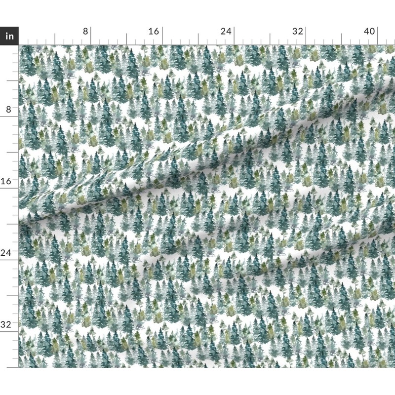 Petal Signature Cotton by the Yard or Fat Quarter Woodland Pine Trees White Winter Christmas Snowy Watercolor Green Holiday Forest Custom Printed Fabric by Spoonflower