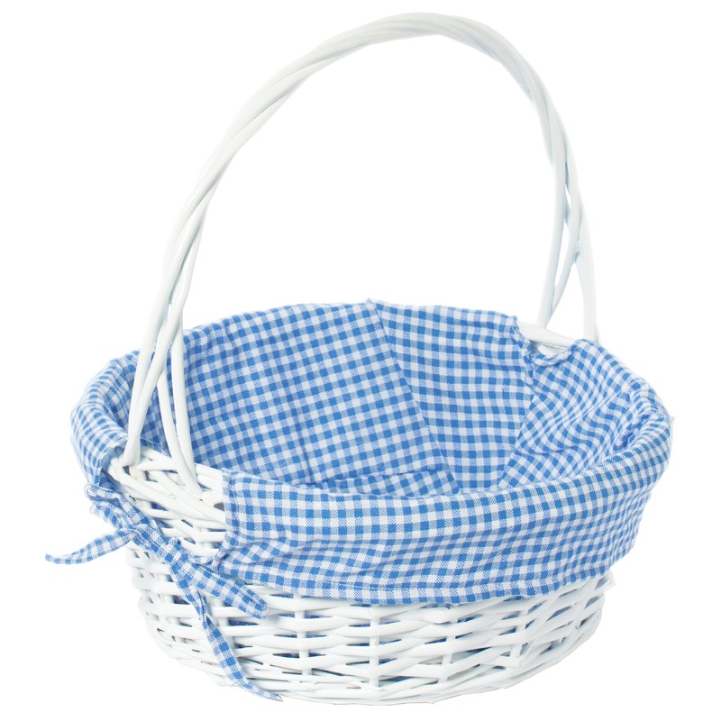 White Round Willow Gift Basket, with Gingham Liner and Handles