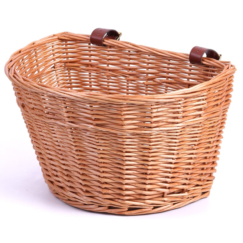 Wicker Front Bike Storage Basket with Faux Leather Straps