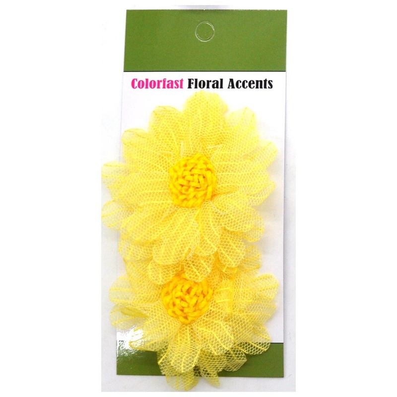 Belagio Colorfast Floral Accents, 3″ Diameter, Fine Netting Flowers, 2 Piece Pack, Yellow